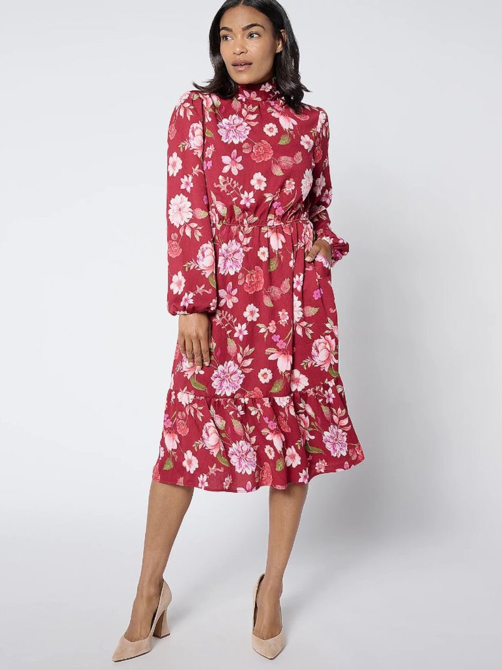 Studio Park X Ali Carr Petite Tiered Ruffle Dress w/Bow, Cranberry Sz PXS a65617